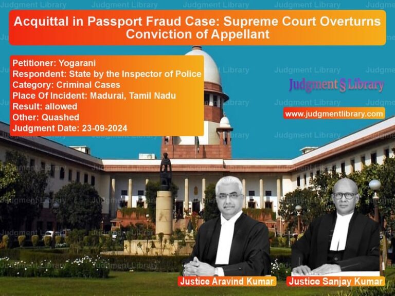 Acquittal in Passport Fraud Case: Supreme Court Overturns Conviction of Appellant image for SC Judgment dated 23-09-2024 in the case of Yogarani vs State by the Inspector of Poli