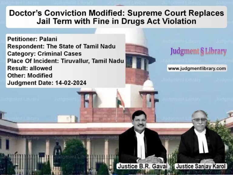 Doctor’s Conviction Modified: Supreme Court Replaces Jail Term with Fine in Drugs Act Violation image for SC Judgment dated 14-02-2024 in the case of Palani vs The State of Tamil Nadu