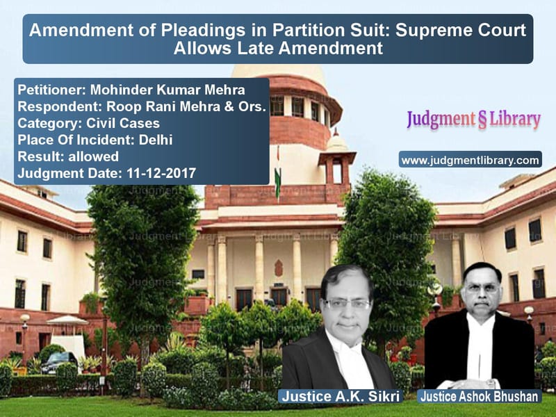 Featured image for Supreme Court Judgment dated 11-12-2017 in case of petitioner name Mohinder Kumar Mehra vs Roop Rani Mehra & Ors.