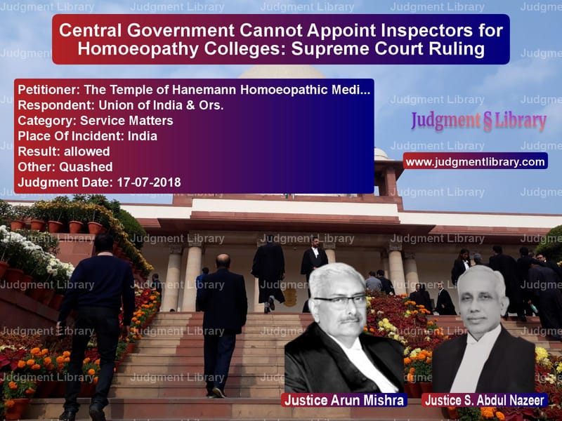 Featured image for Supreme Court Judgment dated 17-07-2018 in case of petitioner name The Temple of Hanemann Homoeop vs Union of India & Ors.