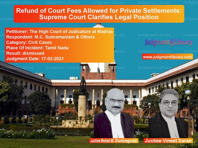 Refund of Court Fees Allowed for Private Settlements: Supreme Court Clarifies Legal Position image for SC Judgment dated 17-02-2021 in the case of The High Court of Judicature a vs M.C. Subramaniam & Others