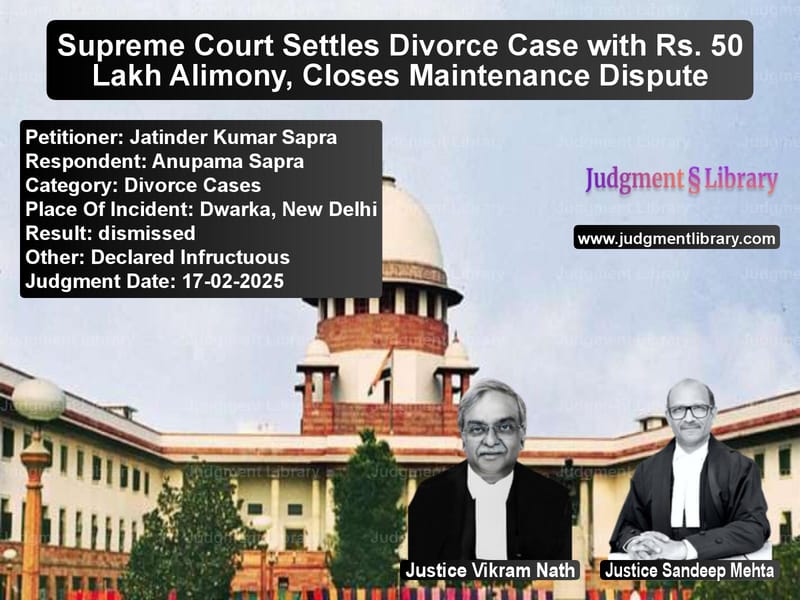Supreme Court Settles Divorce Case with Rs. 50 Lakh Alimony, Closes Maintenance Dispute image for SC Judgment dated 17-02-2025 in the case of Jatinder Kumar Sapra vs Anupama Sapra