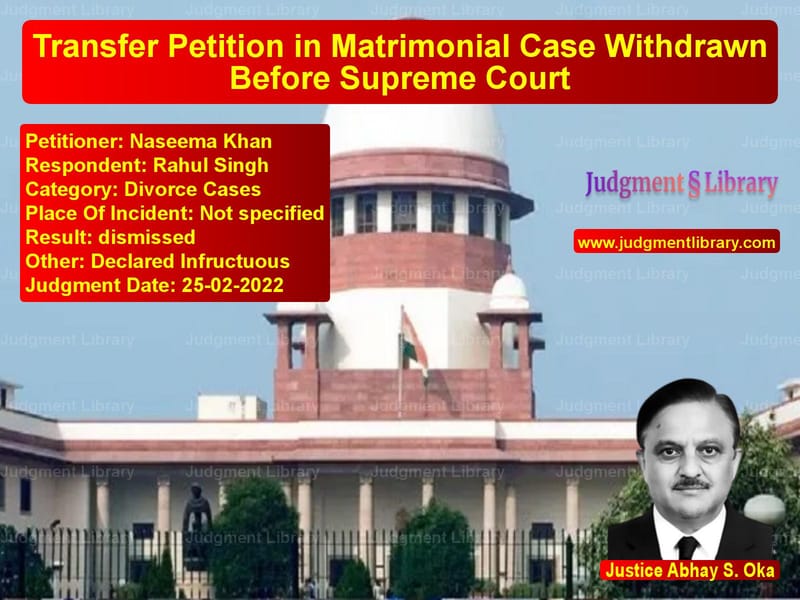 Transfer Petition in Matrimonial Case Withdrawn Before Supreme Court image for SC Judgment dated 25-02-2022 in the case of Naseema Khan vs Rahul Singh
