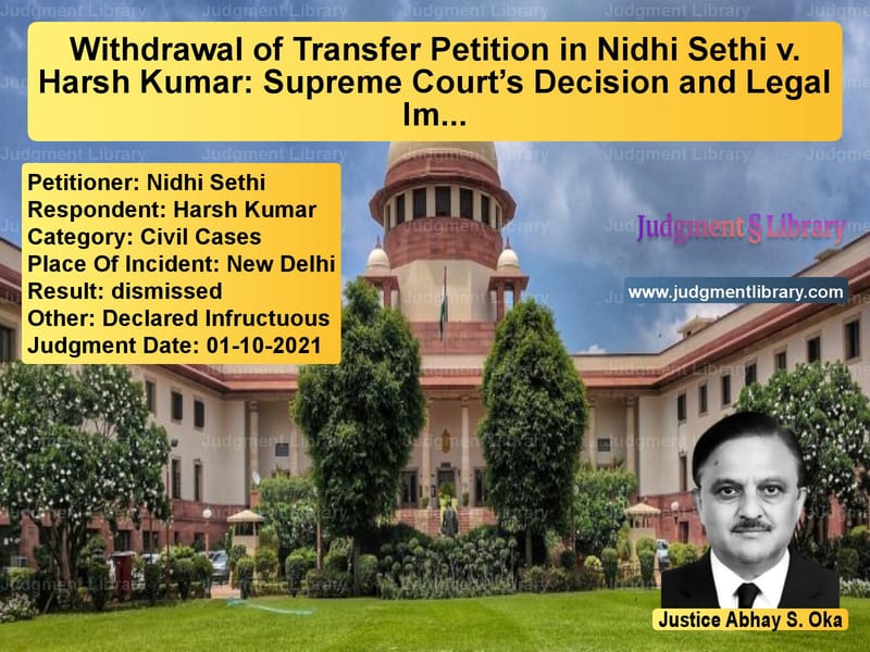 Withdrawal of Transfer Petition in Nidhi Sethi v. Harsh Kumar: Supreme Court’s Decision and Legal Implications image for SC Judgment dated 01-10-2021 in the case of Nidhi Sethi vs Harsh Kumar