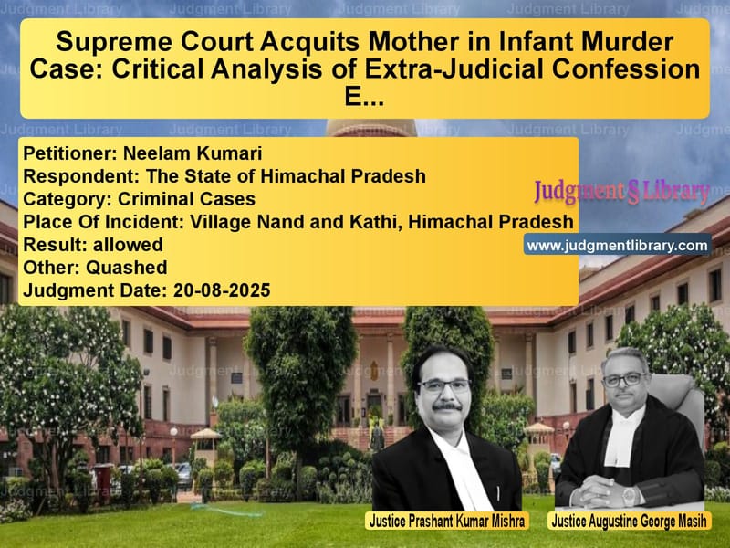 Supreme Court Acquits Mother in Infant Murder Case: Critical Analysis of Extra-Judicial Confession Evidence image for SC Judgment dated 20-08-2025 in the case of Neelam Kumari vs The State of Himachal Pradesh