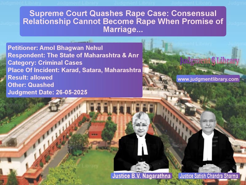 Supreme Court Quashes Rape Case: Consensual Relationship Cannot Become Rape When Promise of Marriage Fails image for SC Judgment dated 26-05-2025 in the case of Amol Bhagwan Nehul vs The State of Maharashtra & Anr