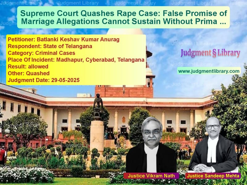 Supreme Court Quashes Rape Case: False Promise of Marriage Allegations Cannot Sustain Without Prima Facie Evidence image for SC Judgment dated 29-05-2025 in the case of Batlanki Keshav Kumar Anurag vs State of Telangana